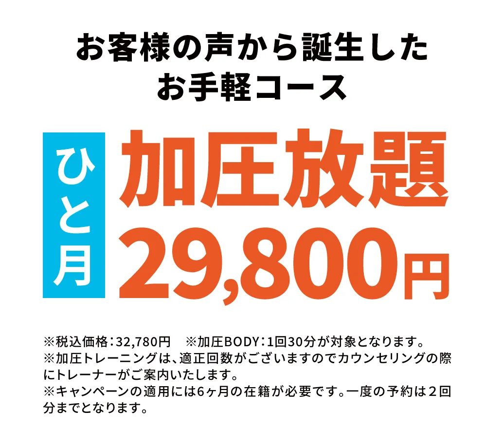 お客様の声から誕生したお手軽コース 加圧放題 ひと月 29,800円